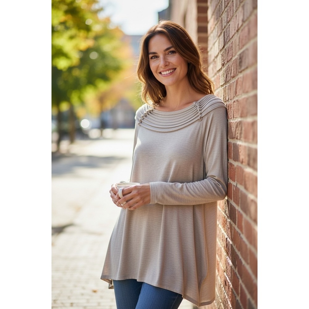 Krazy Kat‎ Womens XL Oatmeal Heather Pleated Neck Tunic Long Sleeve Top RN 96502